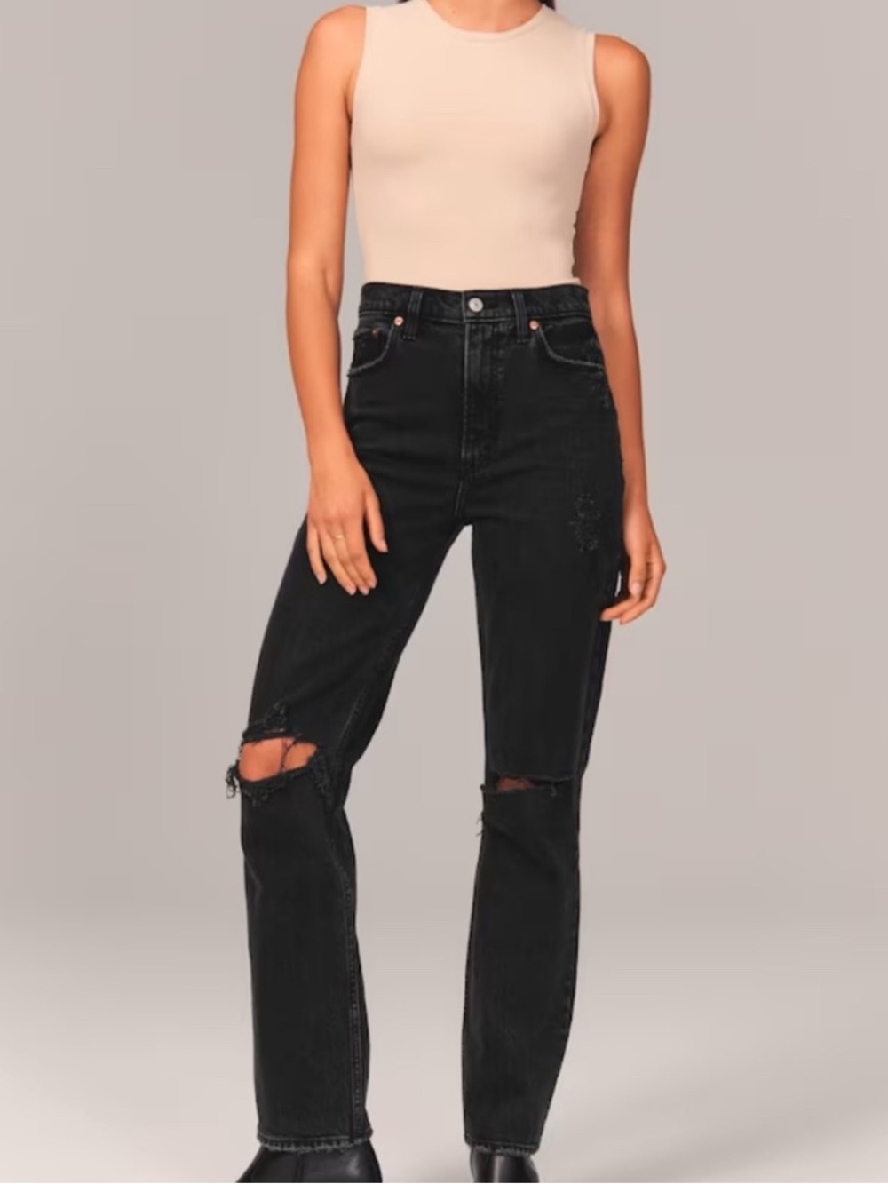 Abercrombie & Fitch Black Ankle Straight Ultra High Rise Distressed Jeans